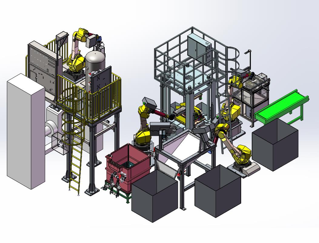 東芝800t壓鑄機(jī)周邊用噴涂-取件、去渣包、冷卻、精切、刻印機(jī)器人自動(dòng)化系統(tǒng)